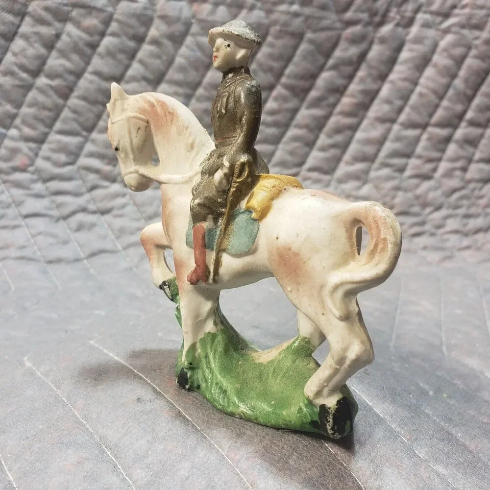 Vintage Made in Japan Bisque Cavalry Soldier Horse Figurine Military Decor 3.5